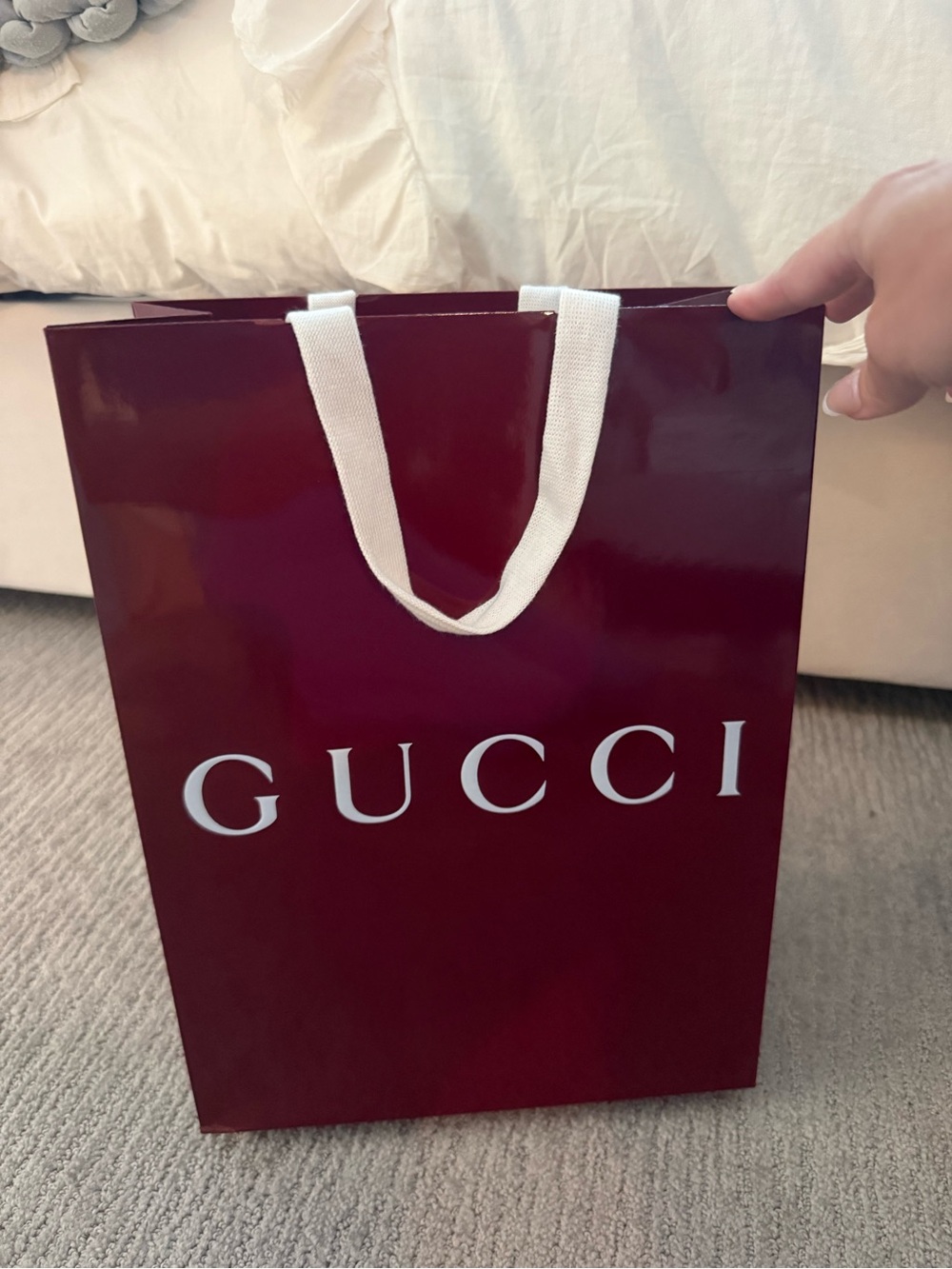 Gucci Deep Burgundy Shopping Bag with White Handles